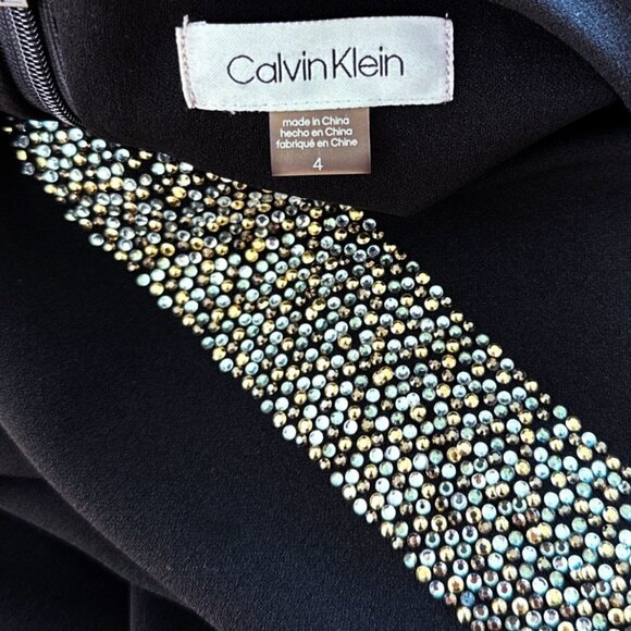 Calvin Klein Black Embellished Slit Rhinestone Long Sleeve Crepe Sheath Dress 4 - Picture 6 of 6